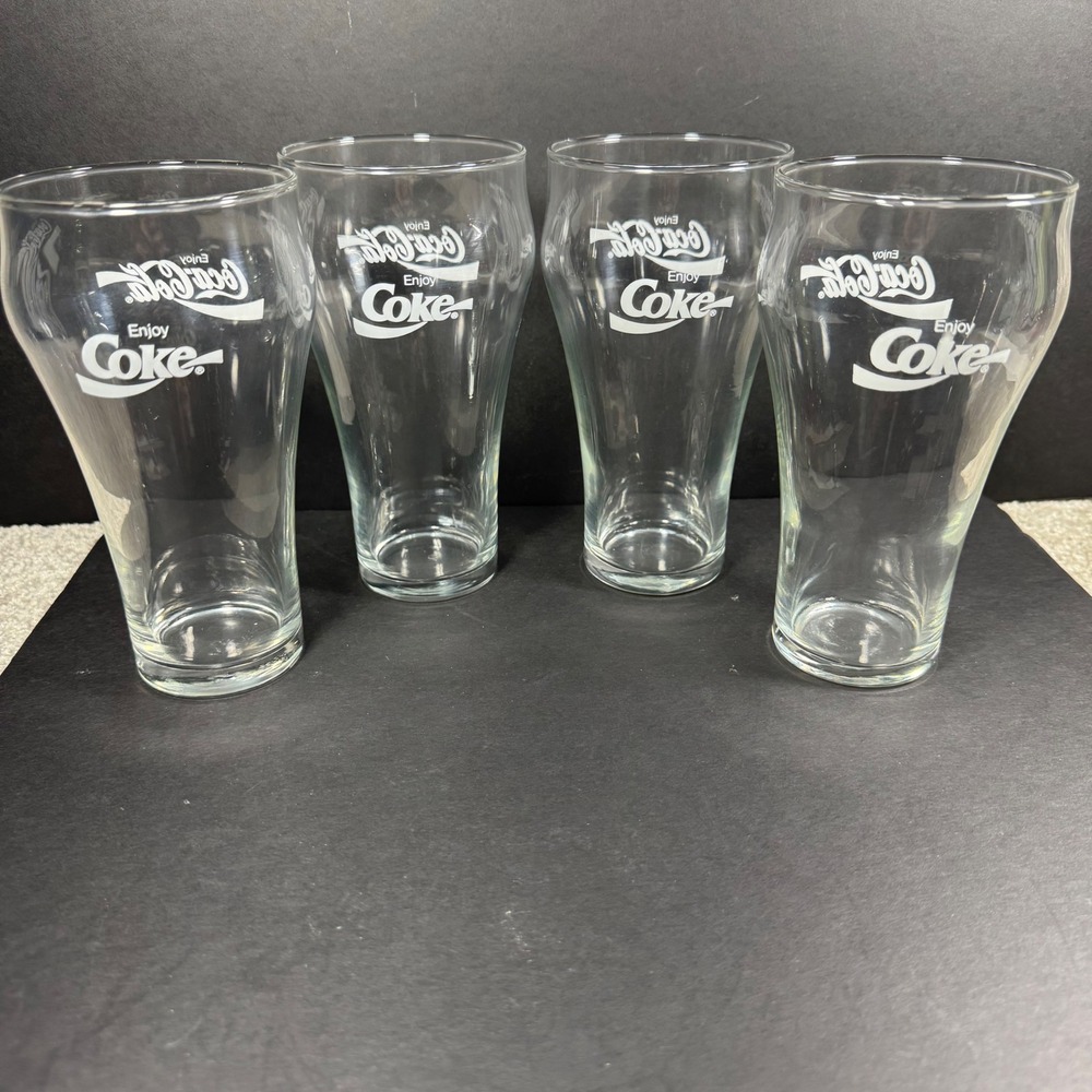 Coca-Cola Drinking Glasses Clear White Logo Bell Shape Set of 4 16oz 6in